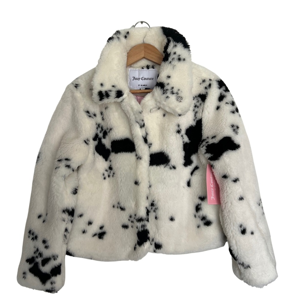 Juicy‎ Couture Spotted Faux Fur Jacket White Black Dalmatian Y2K Glam OJC030